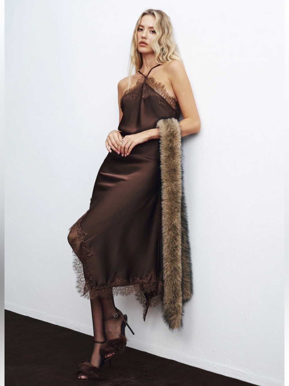 Commense Lace Trim Satin Asymmetric Backless Midi Dress Size Medium NWT - Picture 2 of 6